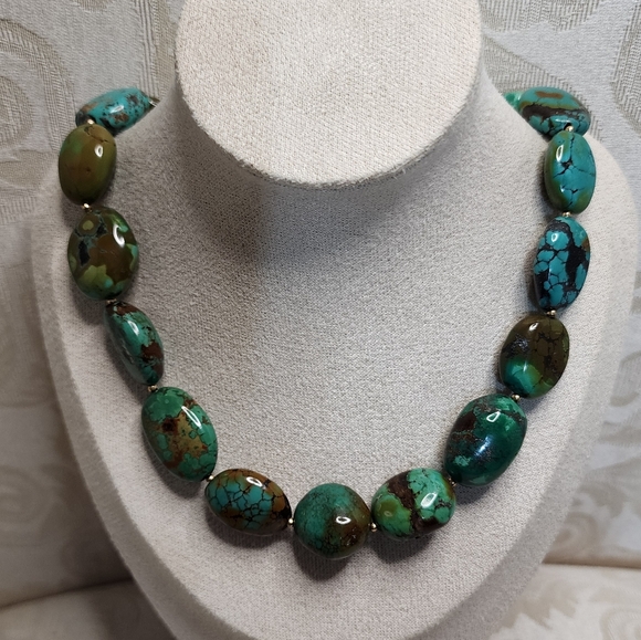 ARTISAN HEAVY TURQUOISE BRONZE NUGGET NECKLACE VINTAGE 80S GEMSTONE - Picture 3 of 11